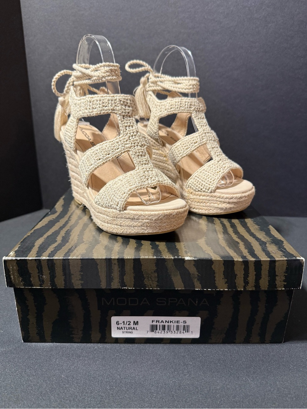 Moda Spana Frankie-S Natural Crochet Espadrille Wedges Size 6.5 NEW